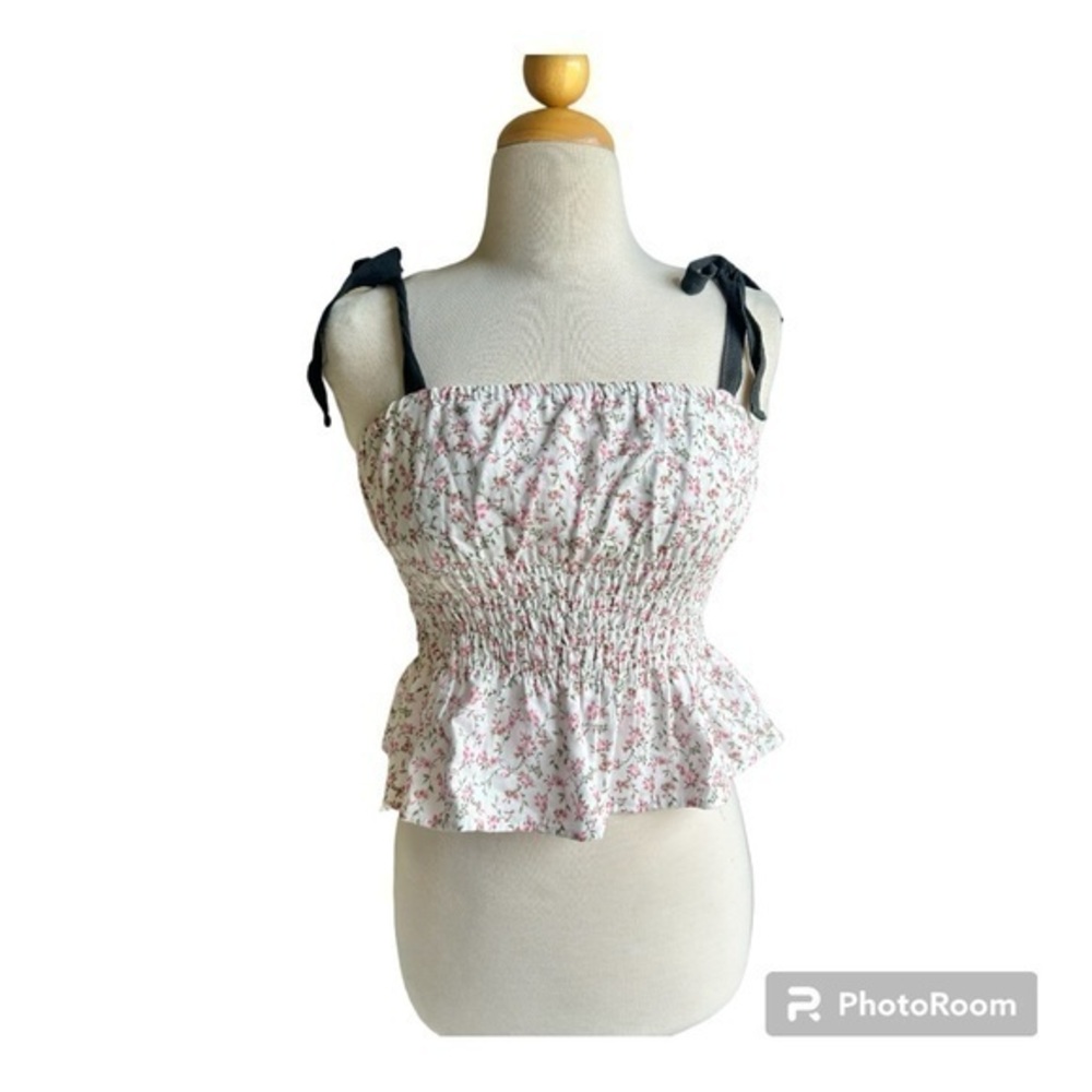 Chelsea & Violet linen blend pink ditsy floral cottage core smocked top small